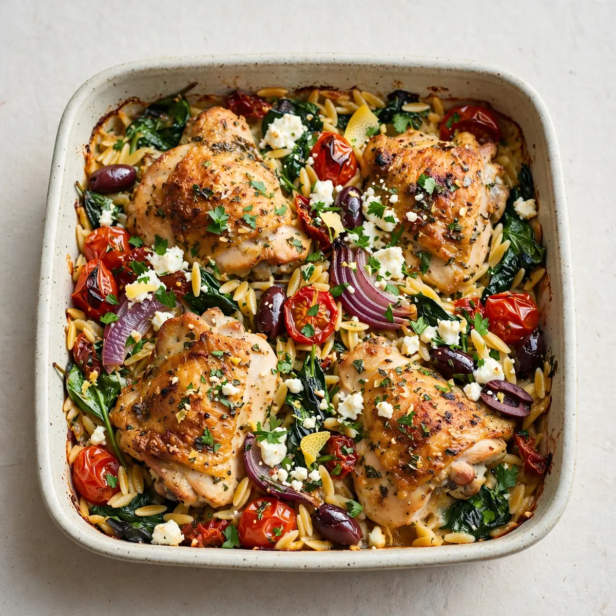 Cozy Weekend Mediterranean Chicken and Orzo Bake